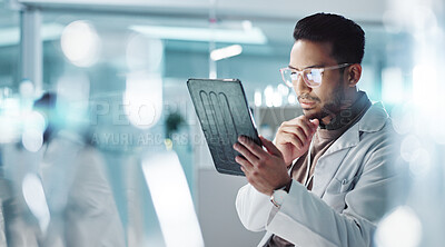 Tablet, thinking or scientist with research in laboratory for a chemistry report or medical test feedback. Asian man, person typing or science update for online medicine development news on website
