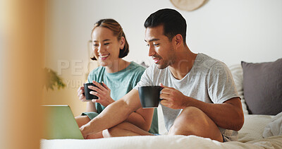 Relax, laptop and search with couple in bed and coffee streaming with subscription, internet and watching movie. Connection, wake up and marriage with man and woman with social media, news and online