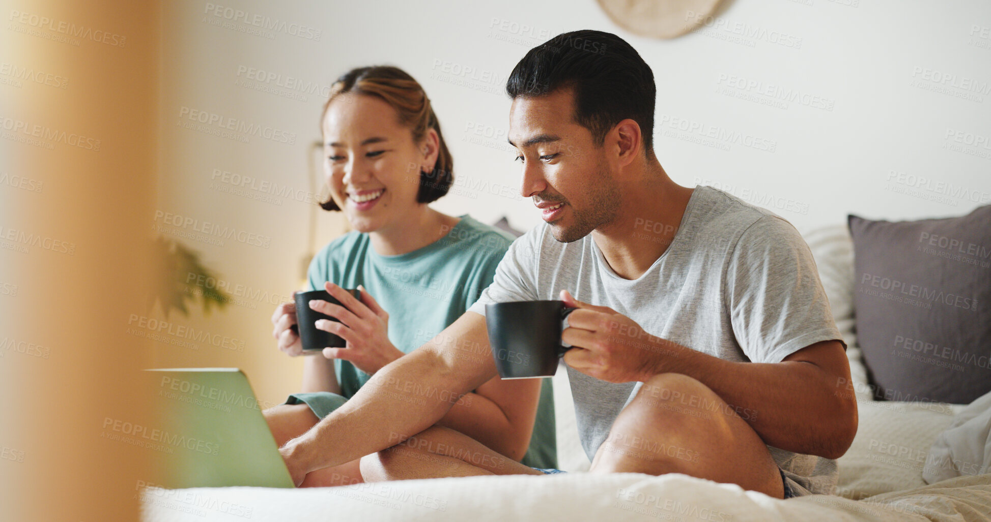 Buy stock photo Relax, laptop and search with couple in bed and coffee streaming with subscription, internet and watching movie. Connection, wake up and marriage with man and woman with social media, news and online