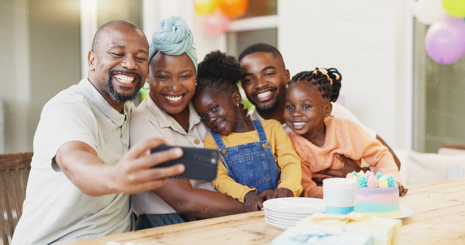 Buy stock photo Selfie, birthday and black family of children and parent together for bonding, love and care. African woman, man and happy kids at home for a picture, quality time and bonding or fun at a party