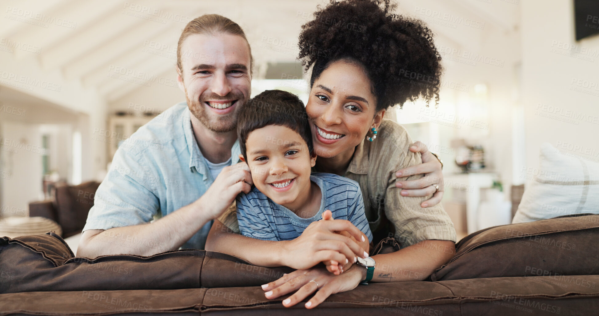 Buy stock photo Face, happy and family in home living room, bonding and having fun together. Smile, children and portrait of parents in lounge with father and African mother enjoying quality time on sofa in house.