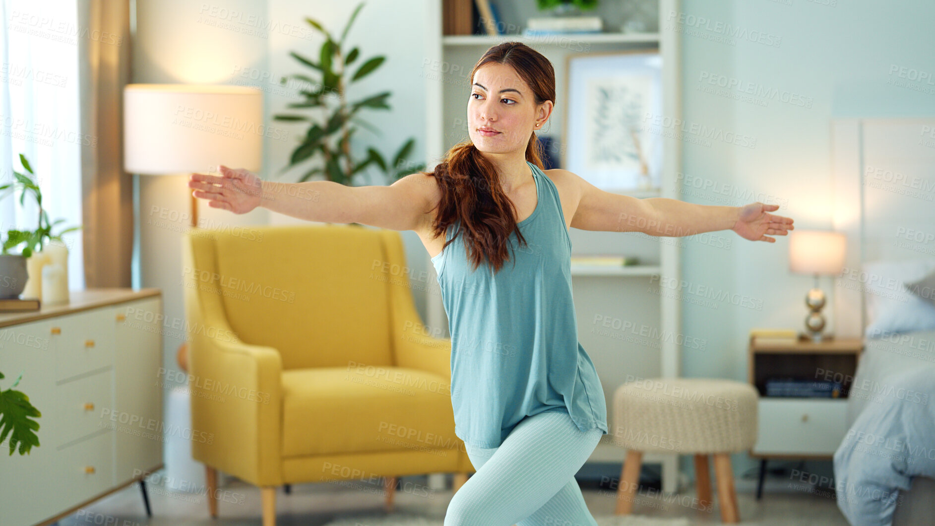 Buy stock photo Woman, yoga and stretching in home living room for wellness, fitness and relax for mind, body and zen. Girl, exercise and workout for mindfulness, self care and health for peace of mind in Dublin