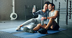 Selfie, fitness and couple training with a phone, happy with workout and smile for exercise at the gym. Wellness, photo and man and woman with love for sports and live streaming on social media