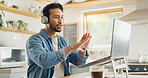 Remote work from home, video call and man with a laptop, internet connection or conference call. Male person, entrepreneur or speaker with a pc, conversation or webinar with conversation in a kitchen