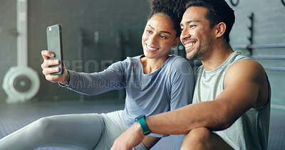Asian man, woman or phone selfie in gym workout, training or exercise for social media, health app or fitness vlog. Smile, happy or bonding exercise friends or people on mobile photography technology