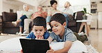 Home, tablet and relax family children watch video, subscription movie or streaming cartoon film, media or web app. Gaming friends, brothers and kids playing online games, bonding and lying on floor