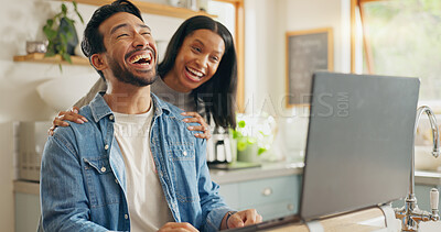 Kitchen, hug and couple with a tablet, love and internet connection with social media, home and speaking. Network, man and woman with a pc, talking and website information with romance and happiness