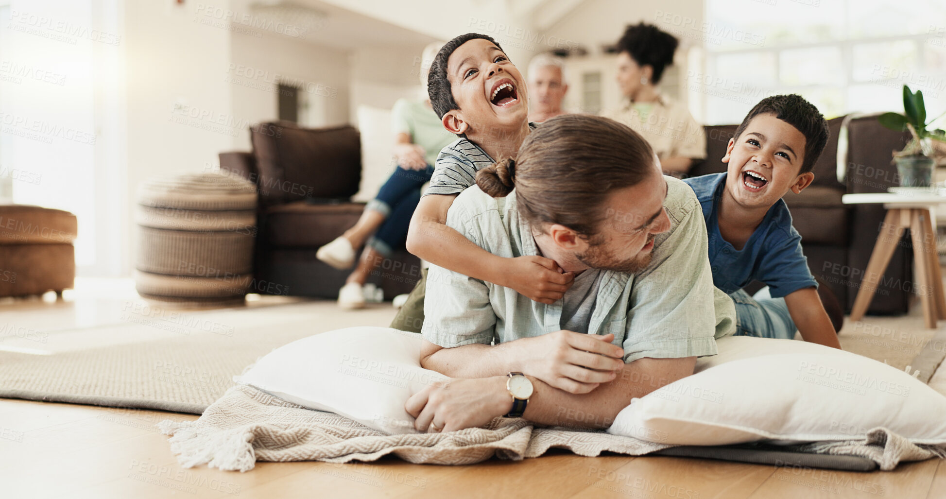 Buy stock photo Funny, playing and father with children on floor in home living room laughing at comedy, joke or humor. Happy, dad and kids having fun, bonding and enjoying family time together in adoption house.