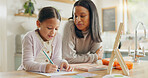 Homework, mother and girl with education, teaching and conversation with support, help and knowledge. Female child writing, student or mama with a kid, kitchen and learning with growth or development