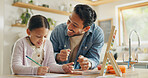 Writing, learning and family, father and child in kitchen for home education, language development and support. Helping, teaching and happy people, dad and girl or kid with school creativity on paper