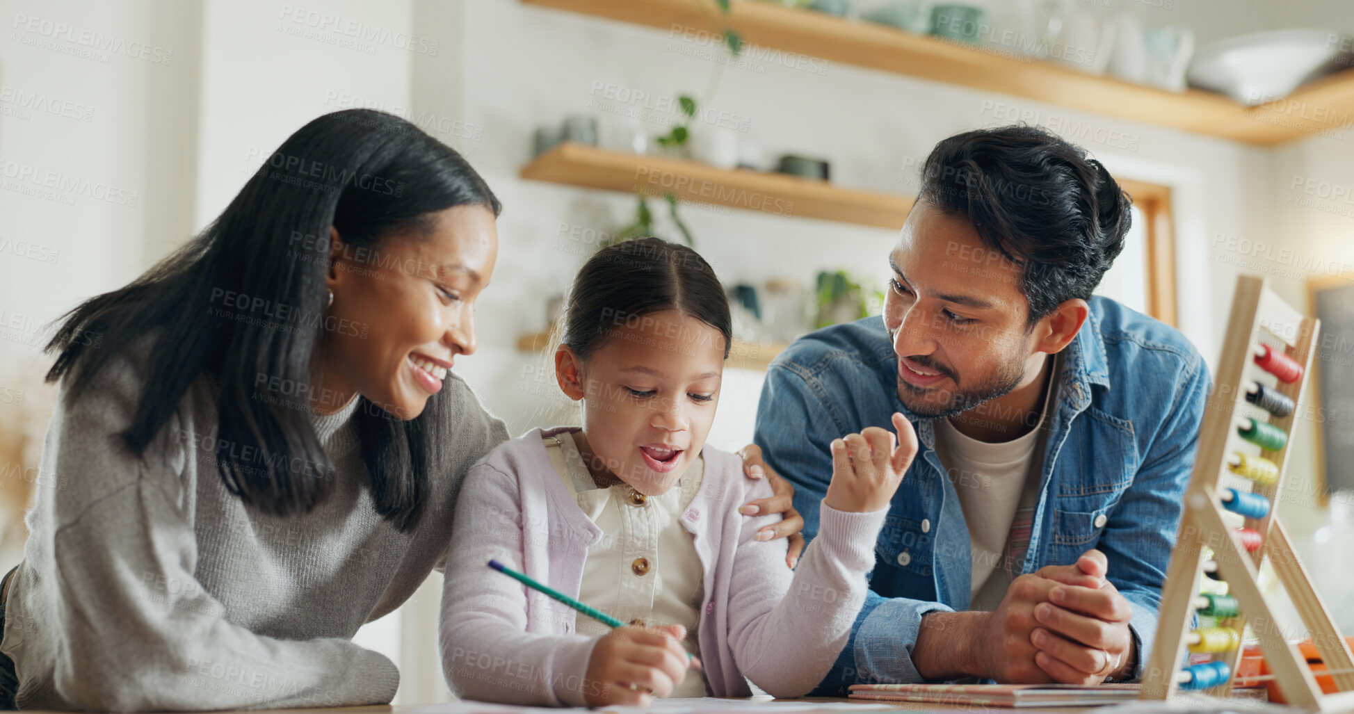 Buy stock photo High five, girl with parents and support with learning in house with card, game or mom and dad helping with homework together in home. Child, family and development of education with math games