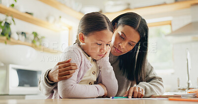 Homework, help and mother with girl in a kitchen for education, studying and remote learning project. Study, knowledge and mom with kid and book for reading, child development or homeschool lesson