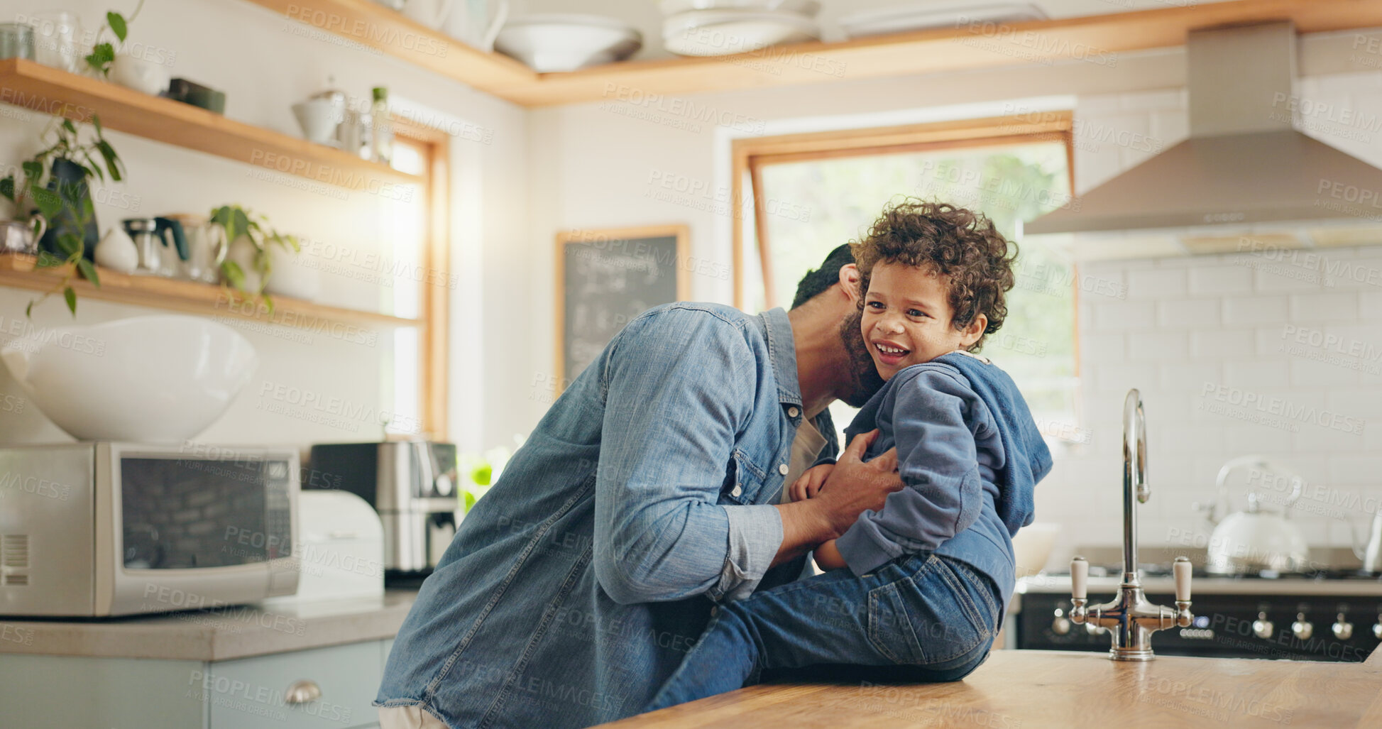Buy stock photo High five, dad and kid playing in the kitchen or happy moment, memory or quality time together in family home or house. Bonding, game and father being silly, funny or crazy with son, boy or children