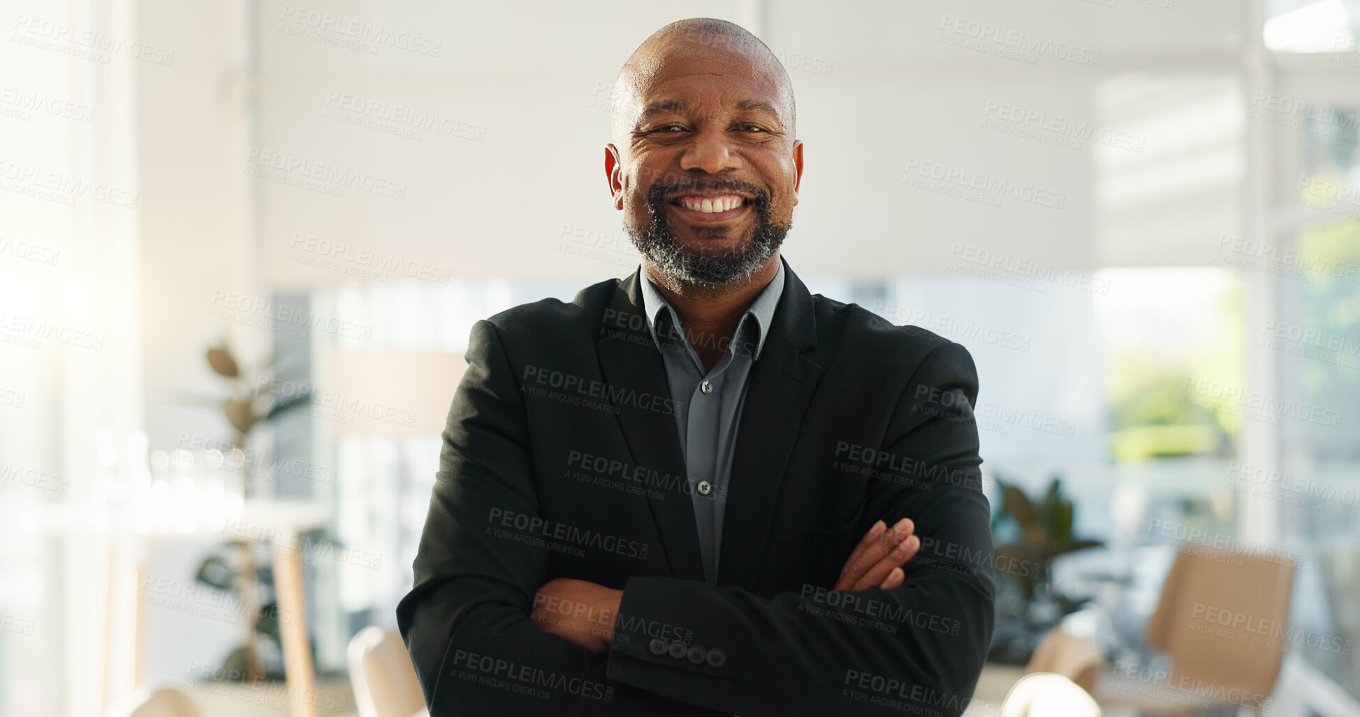 Buy stock photo Crossed arms, happy and face of business black man in office for leadership, empowerment and success. Corporate, manager and portrait of person smile in workplace for ambition, pride and confidence