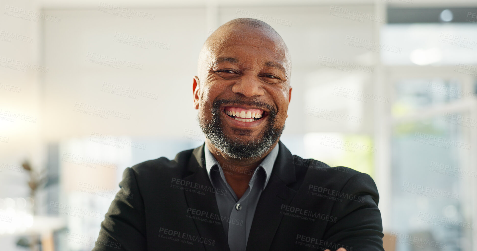 Buy stock photo Crossed arms, happy and face of business black man in office for leadership, empowerment and success. Corporate, manager and portrait of person smile in workplace for ambition, pride and confidence