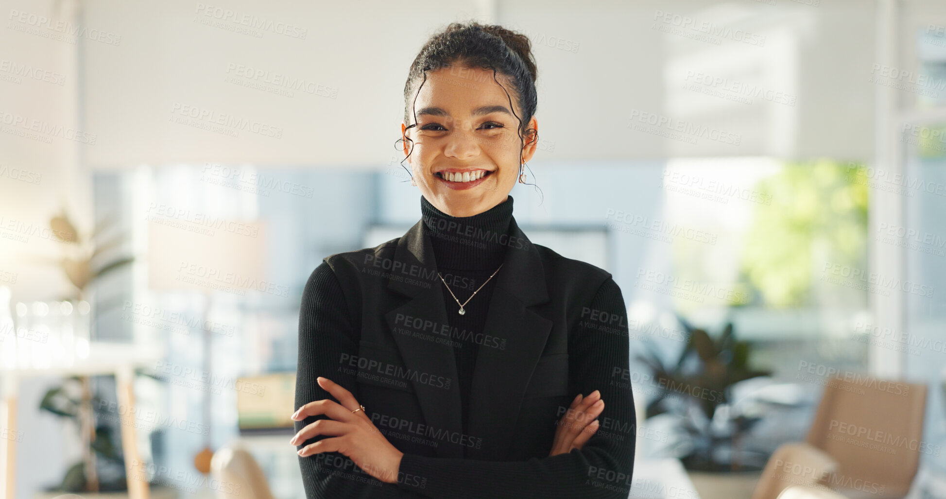 Buy stock photo Crossed arms, happy and face of business woman in office for leadership, empowerment and success. Creative agency, startup and portrait of person smile in workplace for ambition, pride and confidence