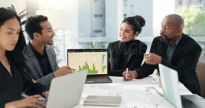 People, collaboration meeting and laptop screen for data analysis, financial report and planning of profit or accounting. Business manager or group review and talk of statistics or growth on computer