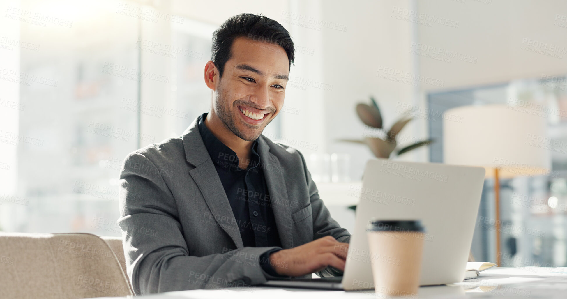 Buy stock photo Happy man in office with laptop, market research and notes for social media review, business feedback or planning. Thinking, search and businessman networking online for startup, website and report.