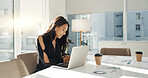 Woman in office with laptop, market research and notes for social media review, business feedback or planning. Thinking, search and businesswoman networking online for startup, website and report.