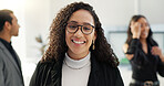 Face, business and woman with glasses, professional and lawyer in a meeting, corporate and employee. Portrait, person and worker in a workplace, smile and advocate with teamwork, law firm or ambition