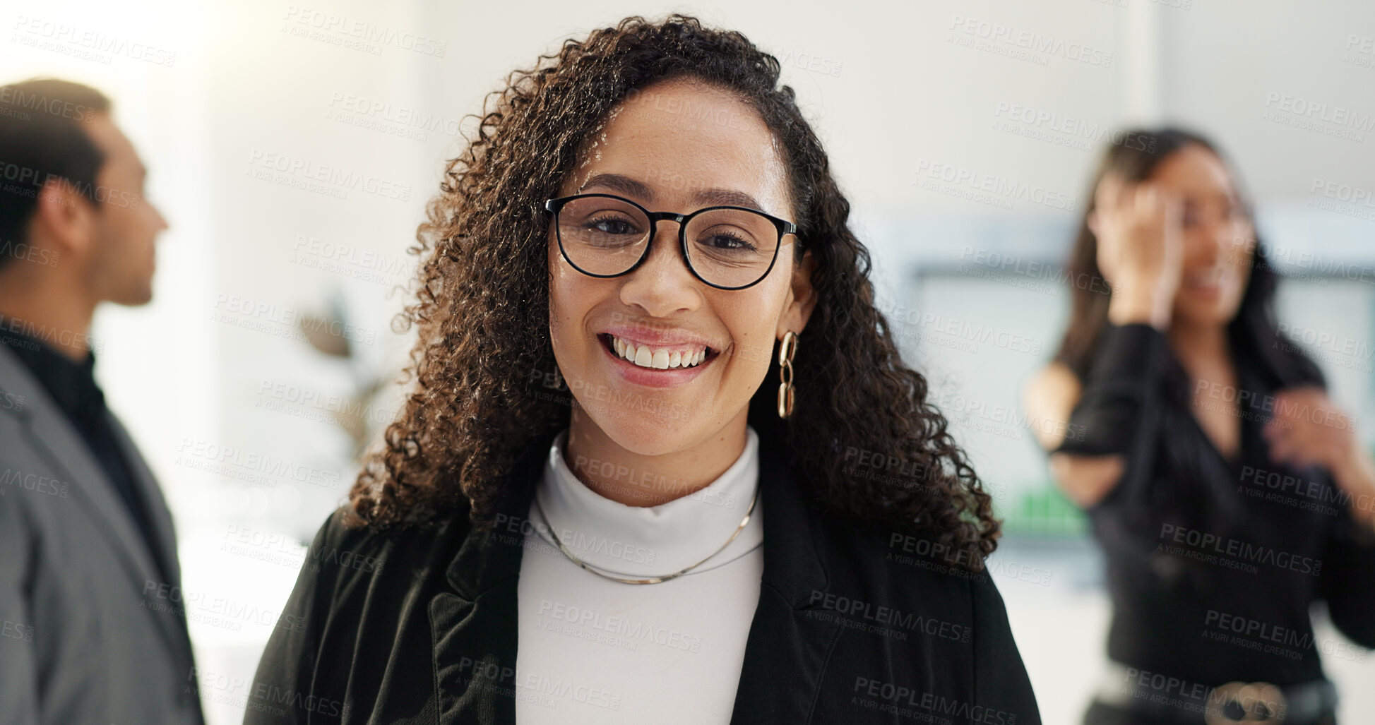 Buy stock photo Face, business and woman with glasses, professional and lawyer in a meeting, corporate and employee. Portrait, person and worker in a workplace, smile and advocate with teamwork, law firm or ambition