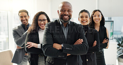 Business, happy people with arms crossed and diversity, face and team with financial advisor group in workplace. Professional, collaboration and trust, confidence in portrait and accounting partners