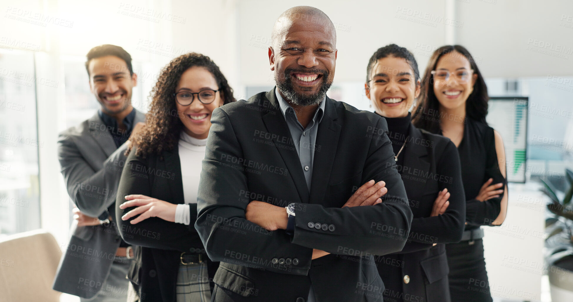 Buy stock photo Business, happy people with arms crossed and diversity, face and team with financial advisor group in workplace. Professional, collaboration and trust, confidence in portrait and accounting partners