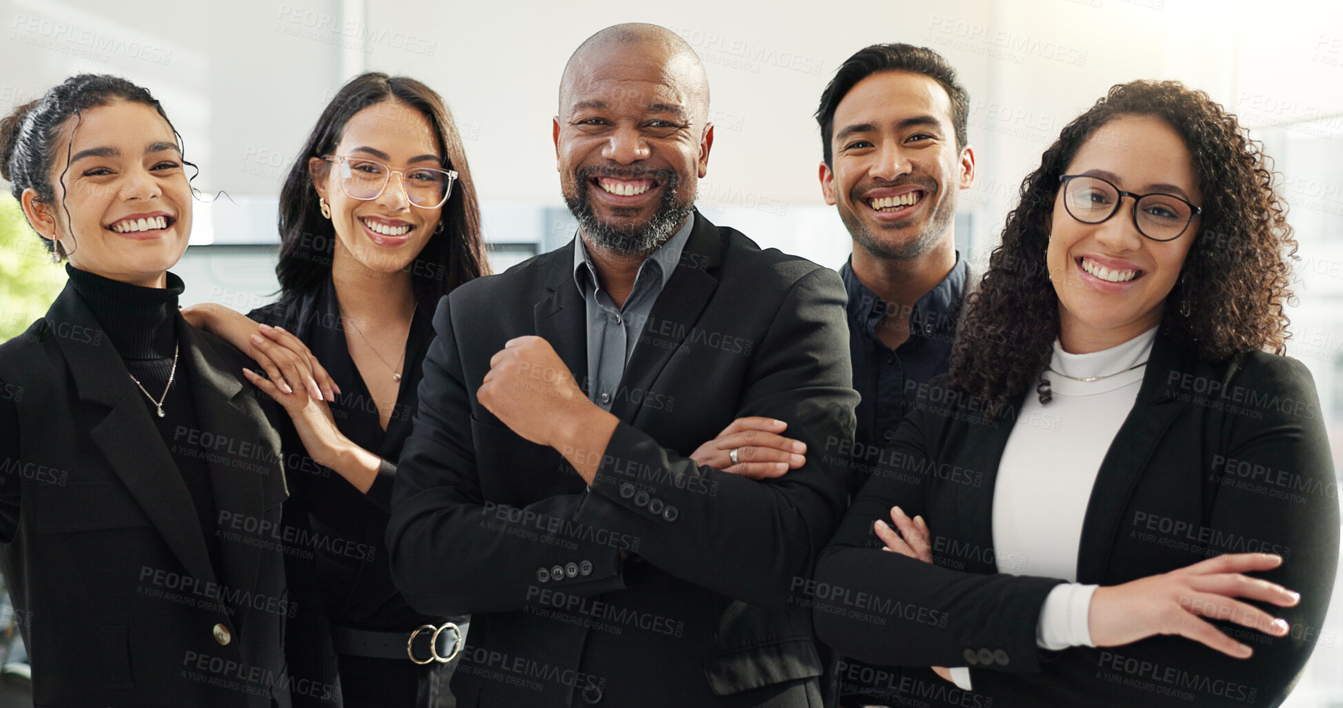 Buy stock photo Business people, arms crossed and diversity, face and teamwork with financial advisor group in the workplace. Professional, collaboration and trust, confidence in portrait and accounting partners