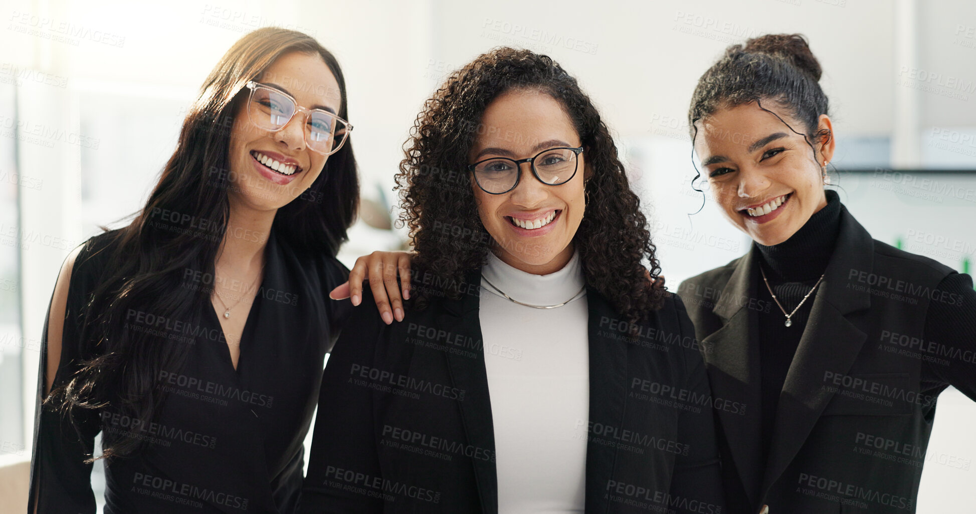 Buy stock photo Women, happiness and face of professional people smile for corporate collaboration, business support or staff empowerment. Colleagues, group career portrait or female team pride, trust and solidarity
