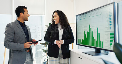 Business people, teamwork and computer screen for data analysis and finance growth, revenue proposal or sales report. Analyst, manager and clients presentation of graphs and statistics on a monitor