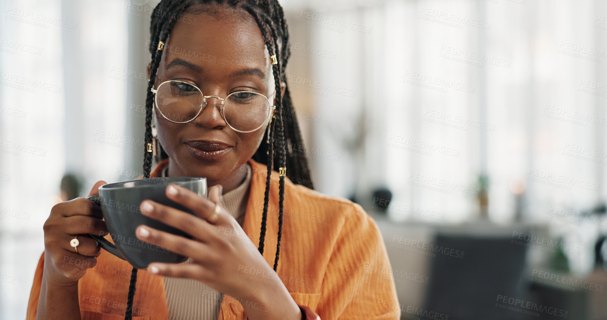 Buy stock photo Calm, cup of coffee and black woman in the living room of her modern apartment in the morning. Peaceful, mug and young African female person drinking caffeine or latte in her home on weekend.