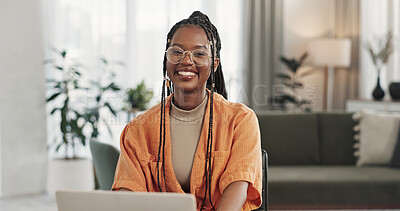 Black woman, portrait in home office and laptop for remote work, social media or blog research with smile in apartment. Happy freelancer at desk with computer for email, website or online in house.