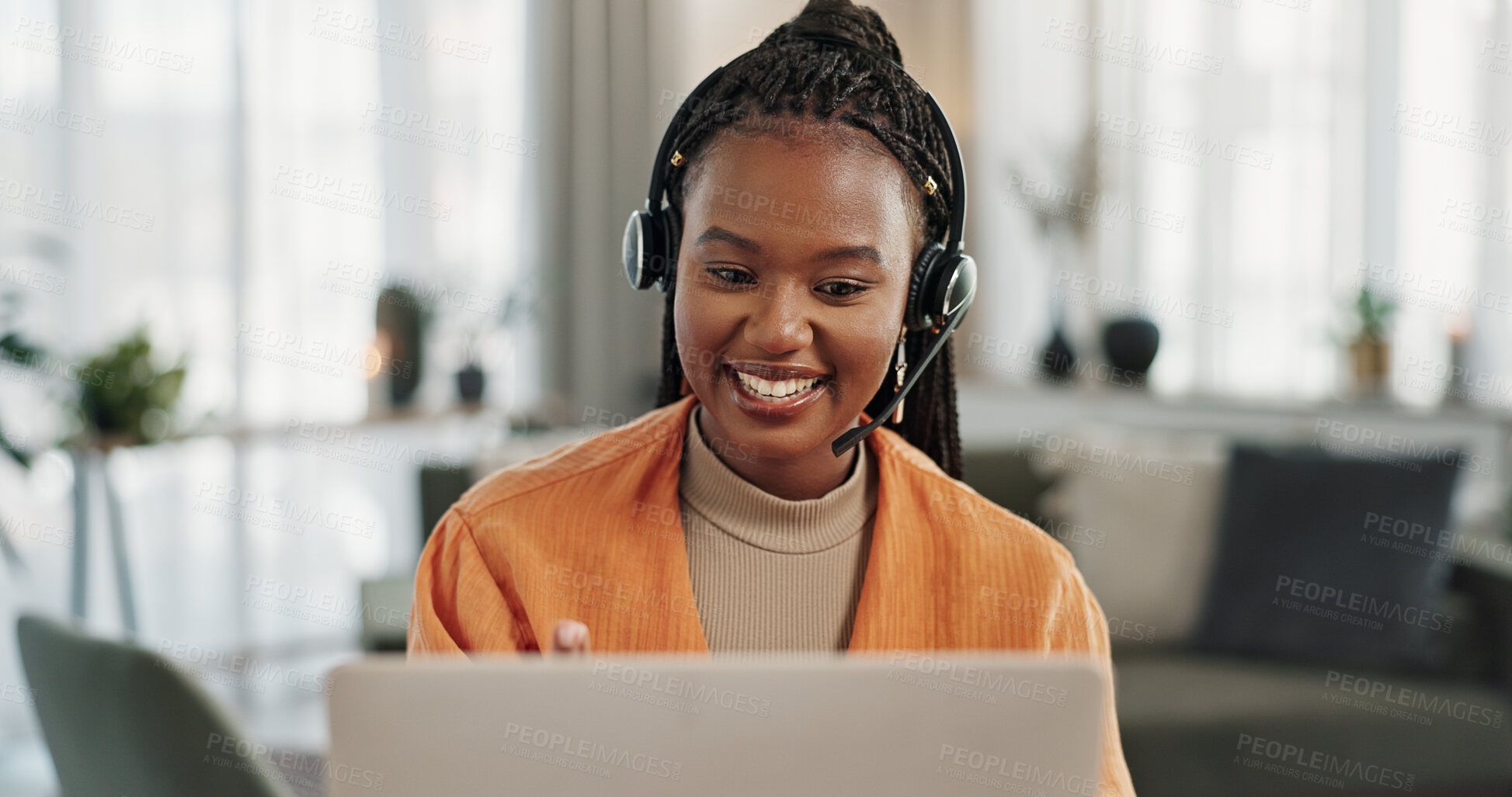 Buy stock photo Black woman, webinar in home office with laptop and video call, remote work and crm in apartment. Virtual assistant at desk with computer, headset and conversation for advice, online chat and support