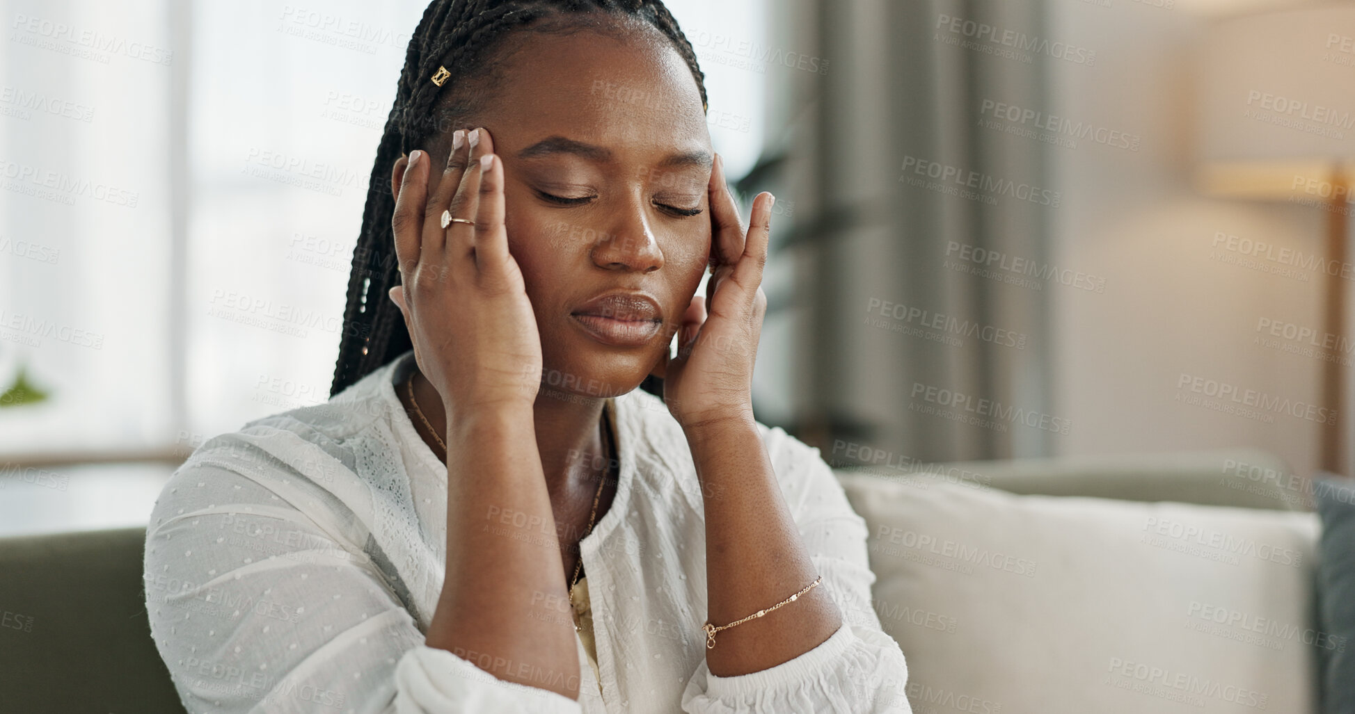 Buy stock photo Headache, stress and young black woman in the living room of her modern apartment on weekend. Burnout, mental health and sick African female person with migraine for illness in lounge at home.