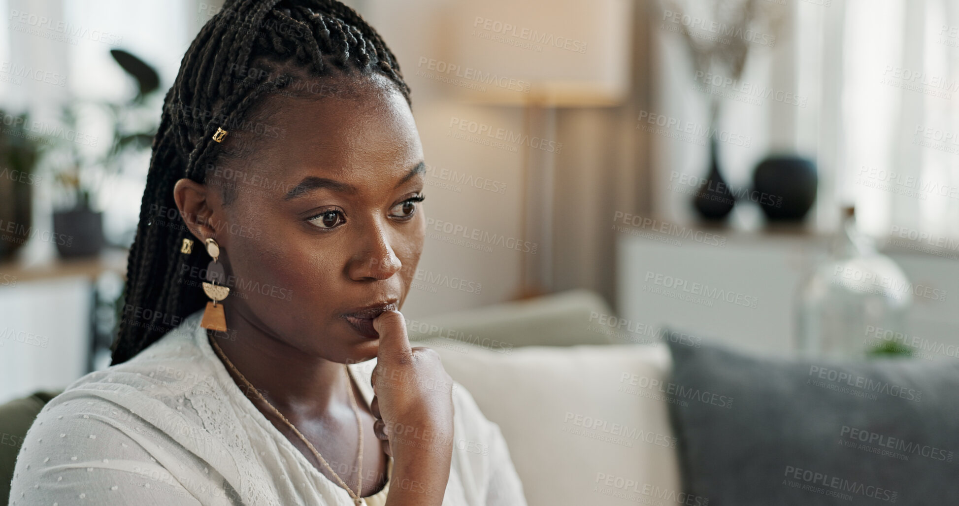 Buy stock photo Stress, anxiety and woman biting nails in home with fear, worry and mental health risk. Face of african girl in living room with crisis of trauma, nervous habit and overthinking with doubt of mistake