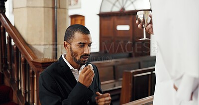 Buy stock photo Man, church and communion ritual with priest for sign of sacrifice, religion or gratitude for love. People, spiritual and worship with bread, wine or symbol of Jesus Christ blood in chapel by pastor