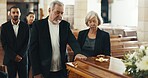 Funeral, grief and death with old woman in church for farewell, thinking and sad. Mental health, depression and respect with senior person at memorial service for mourning, remember and faith