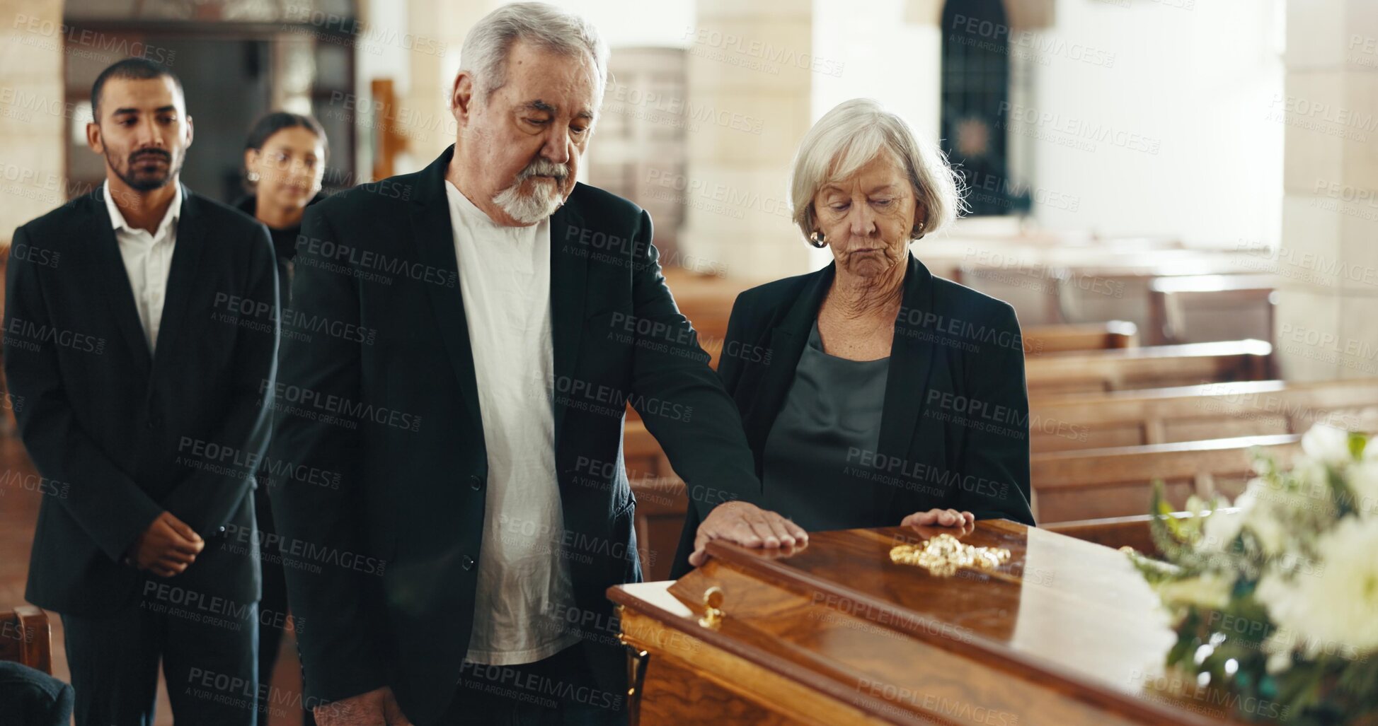 Buy stock photo Senior, people or sad with grief at funeral in church for religious service, remember or mourning. Farewell, family or friends at burial for death, ceremony and grieving loss or bereavement at chapel