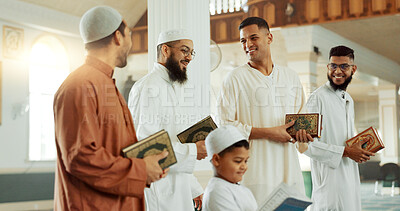 Islam, smile and group of men in mosque with child, mindfulness and gratitude in faith. Worship, religion and Muslim people together in holy temple for conversation, spiritual teaching and community.