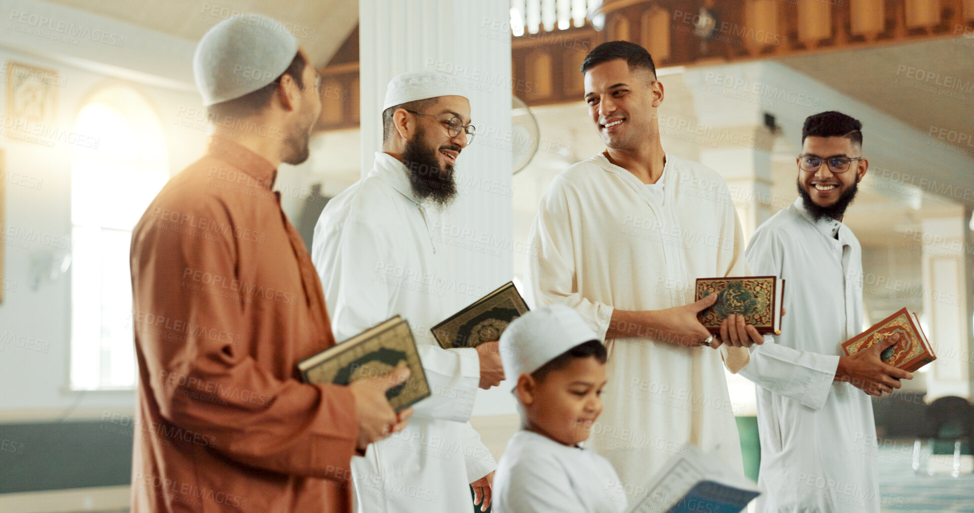 Buy stock photo Islam, smile and group of men in mosque with child, mindfulness and gratitude in faith. Worship, religion and Muslim people together in holy temple for conversation, spiritual teaching and community.