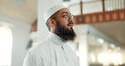 Man, thinking and mosque for islam religion, spirituality or Ramadan in holy temple for prayer to God. Muslim person for belief or culture, Eid Mubarak or praise with hope, travel and faith in Allah