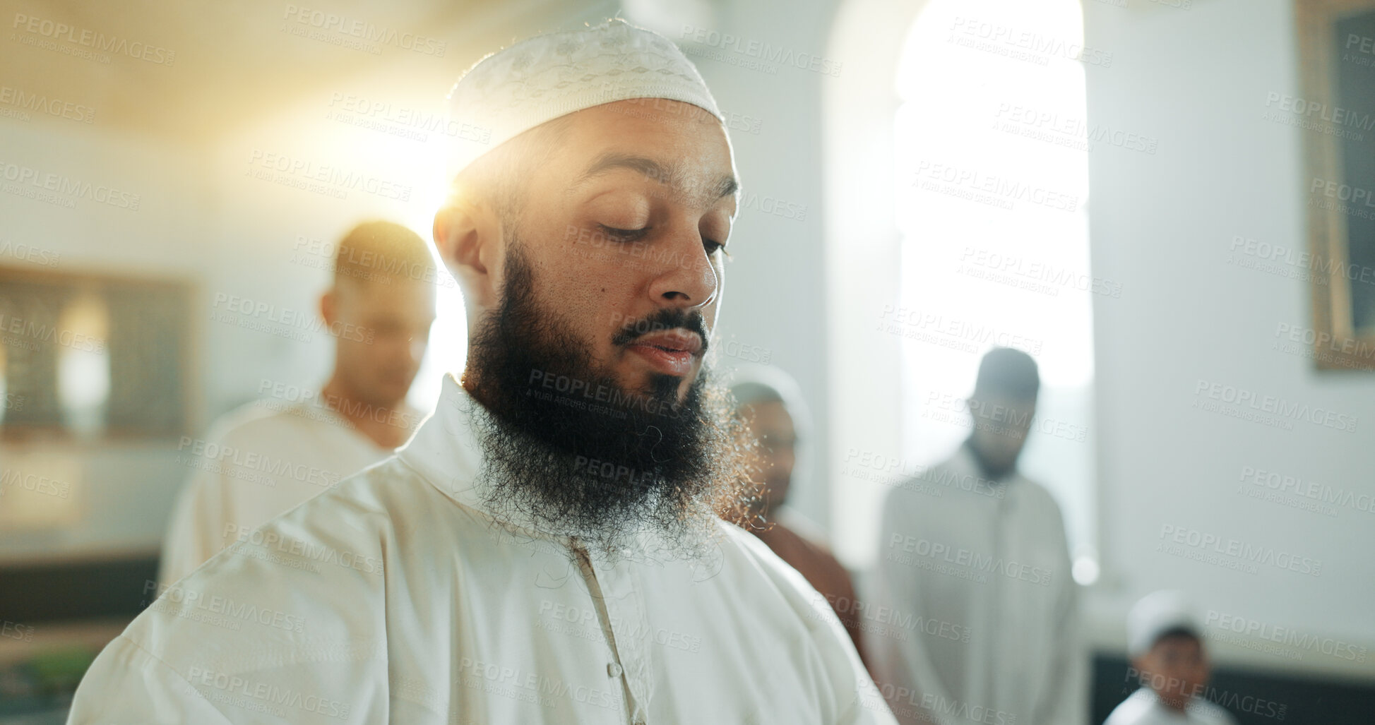 Buy stock photo Islam, men and praying together in mosque for religion, spirituality or Ramadan in holy temple. Muslim people and leader with belief or culture, Eid Mubarak and hands raised to start praise to Allah