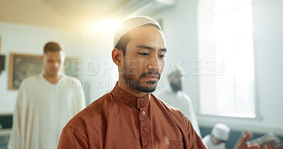 Buy stock photo Muslim, praying and man in a Mosque for spiritual religion together as a group to worship Allah in Ramadan. Islamic, Arabic and holy people with peace or respect for gratitude, trust and hope