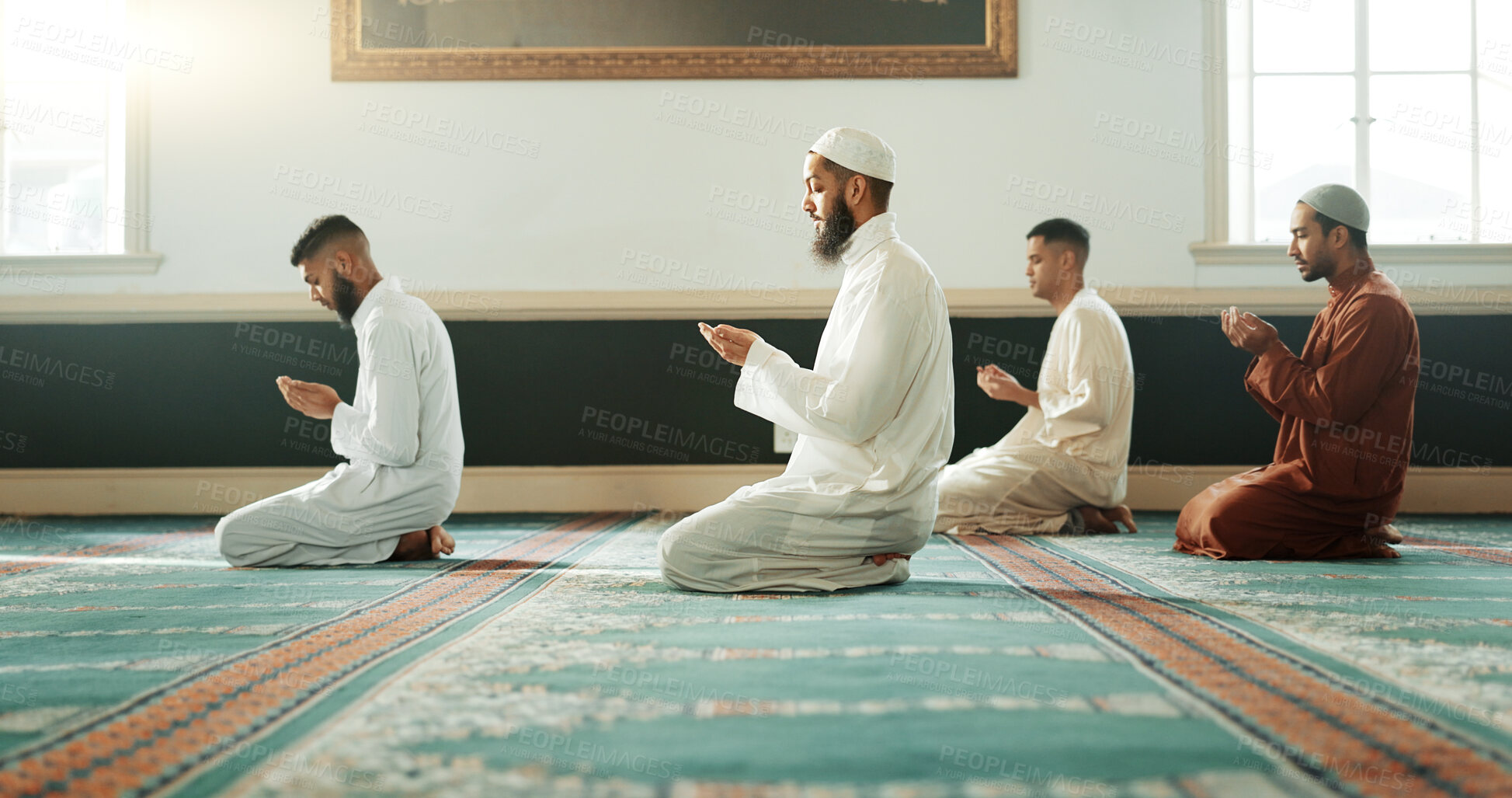 Buy stock photo Islamic, praying and holy men in a Mosque for spiritual religion together as a group to worship Allah in Ramadan. Muslim, Arabic and people with peace or respect for gratitude, trust and hope