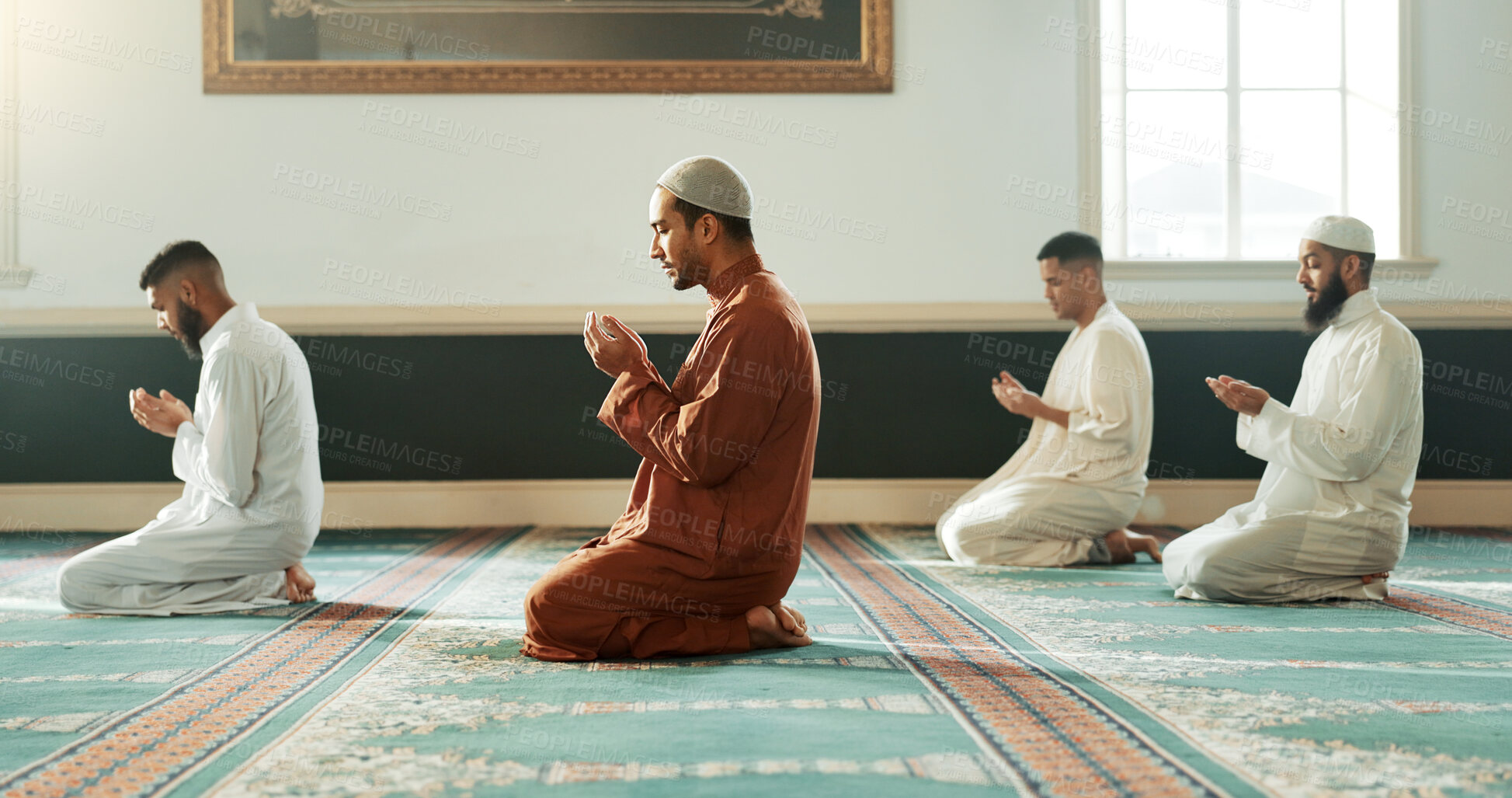 Buy stock photo Islamic, praying and holy men in a Mosque for spiritual religion together as a group to worship Allah in Ramadan. Muslim, Arabic and people with peace or respect for gratitude, trust and hope