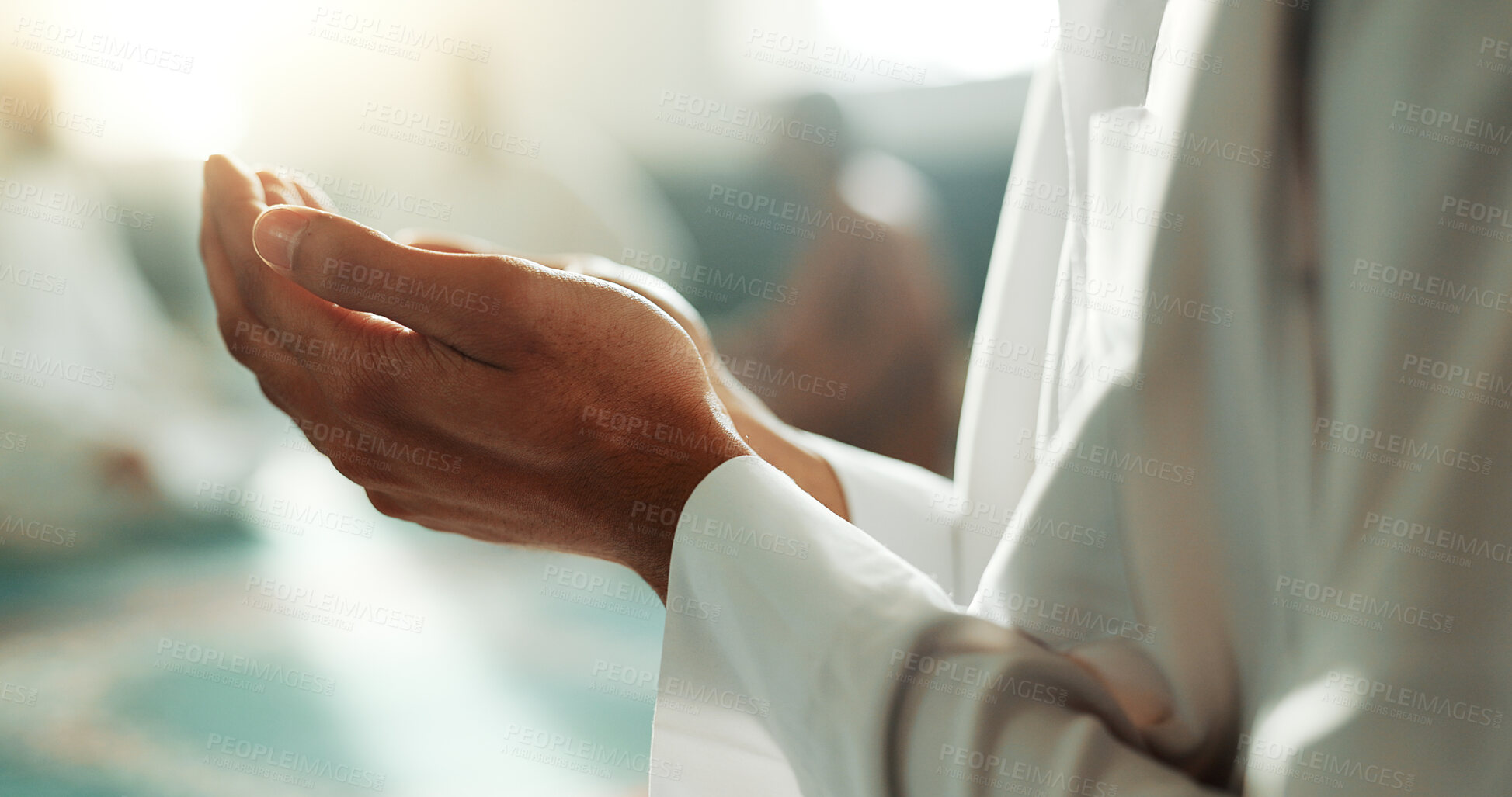 Buy stock photo Muslim, praying and hands in a Mosque for spiritual religion or eid mubarak and worship Allah in Ramadan. Islamic, Arabic and holy person with peace or respect for gratitude, trust and hope in temple