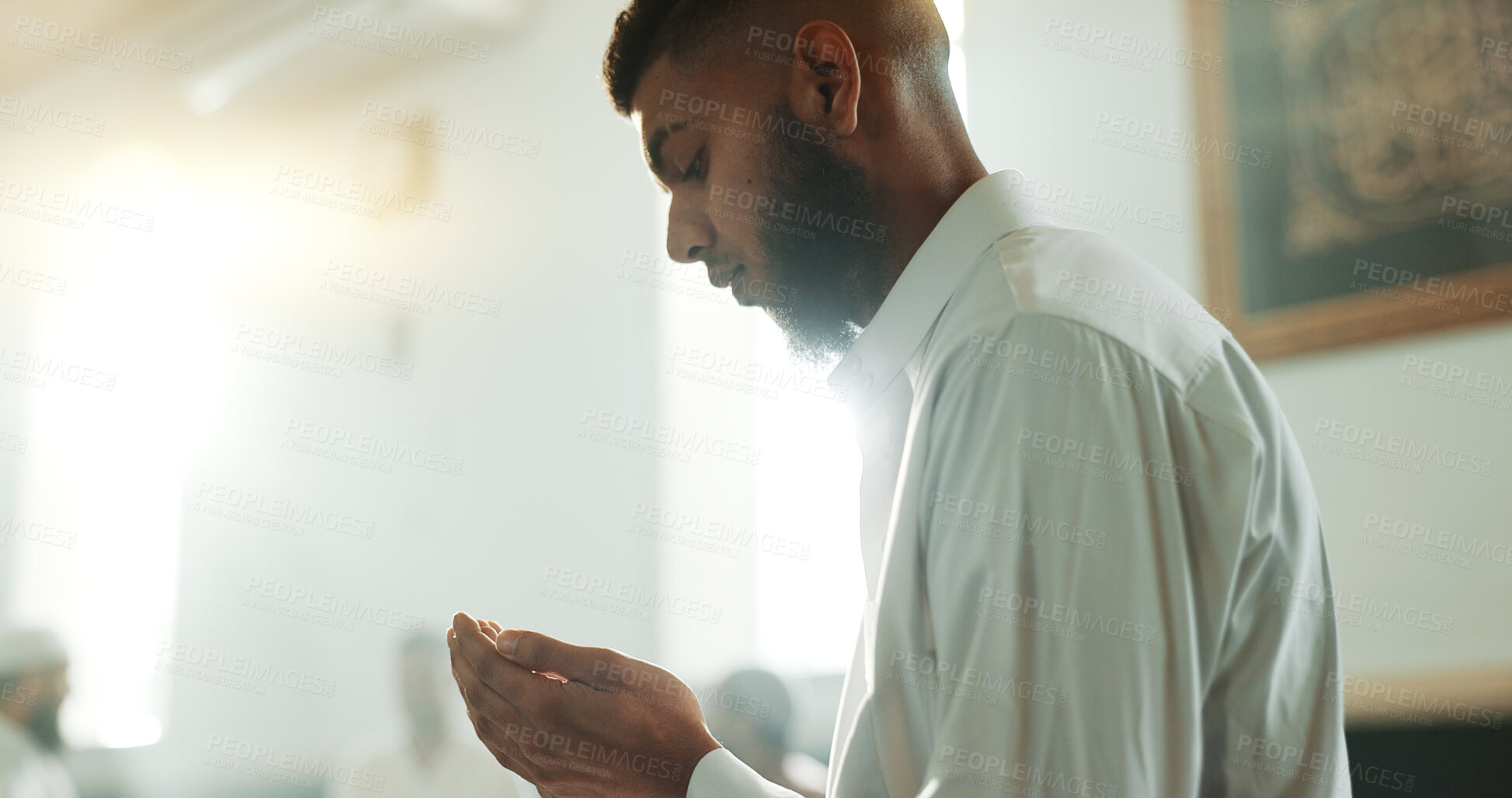 Buy stock photo Gratitude, Muslim and man with faith in a mosque for praying, peace and spiritual care in holy religion for Allah. Respect, Ramadan and Islamic person with kindness, hope and humble after worship