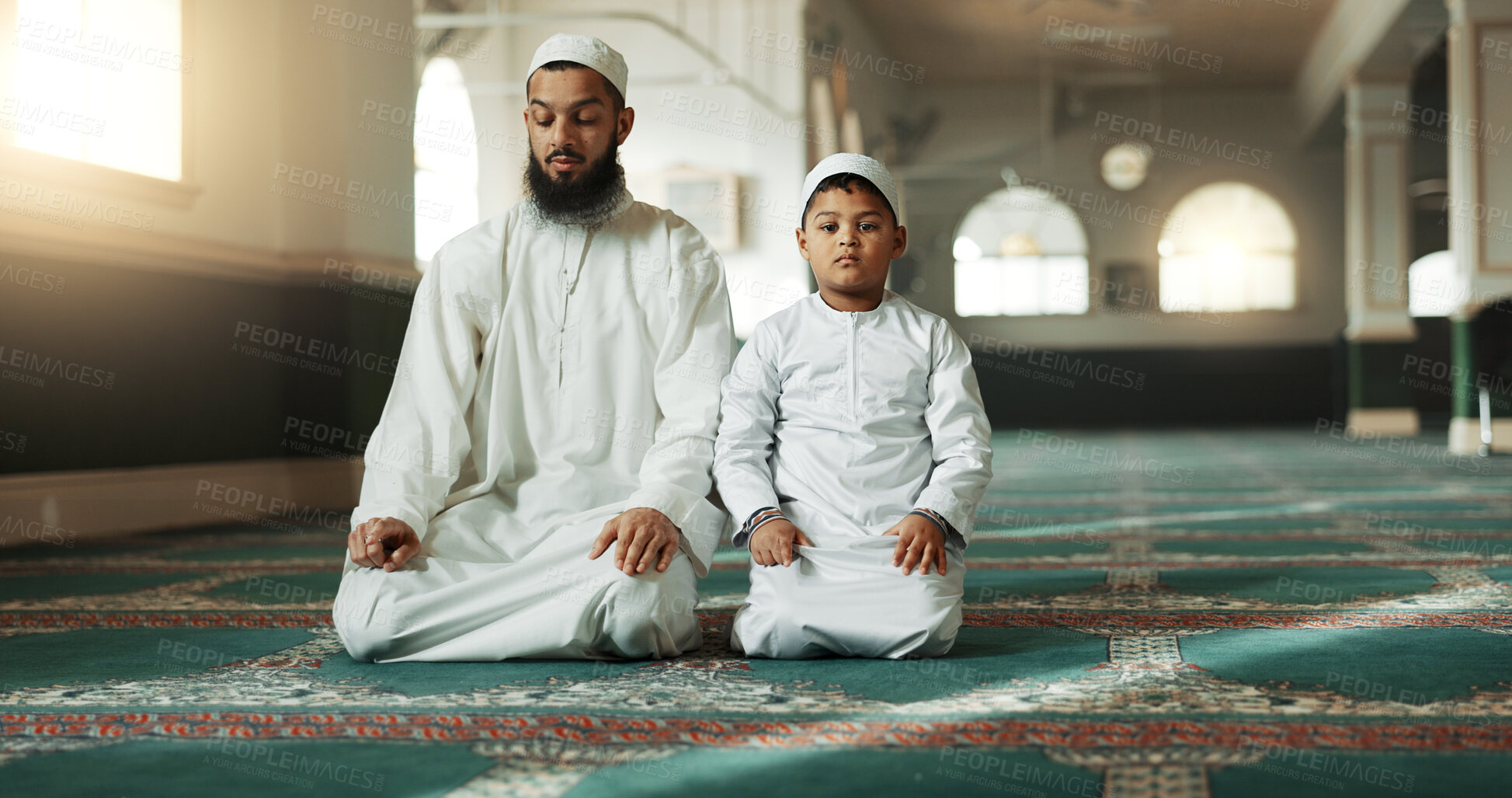 Buy stock photo Muslim, praying and father with child in Mosque for spiritual religion together or teaching to worship Allah. Islamic, Arabic and parent with kid for peace or respect as gratitude, trust and hope