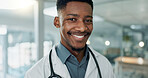 Hospital, doctor and face of African man for medical service, insurance and clinic care. Healthcare, consulting and portrait of health worker with stethoscope for cardiology, medicine and support