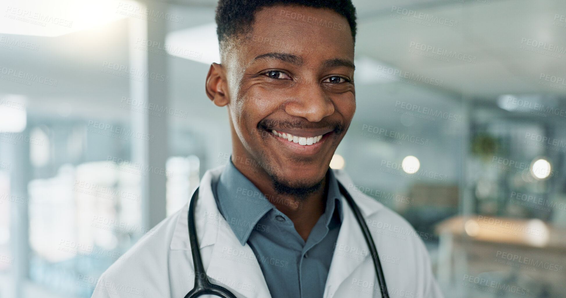 Buy stock photo Hospital, doctor and face of African man for medical service, insurance and clinic care. Healthcare, consulting and portrait of health worker with stethoscope for cardiology, medicine and support